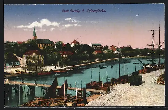 AK Bad Borby b. Eckernförde, Uferpartie mit Kirche