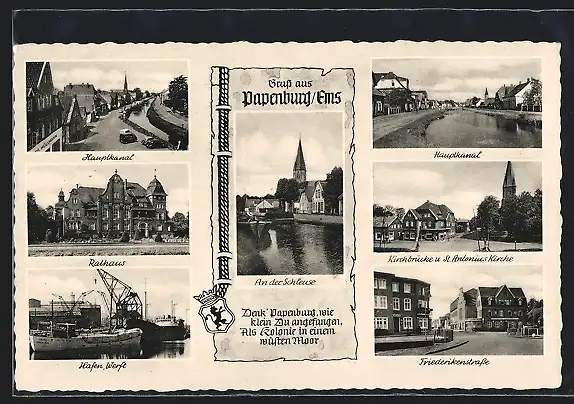 AK Papenburg /Ems, Rathaus, Kirchbrücke und St. Antonius-Kirche, Hafen u. Werft