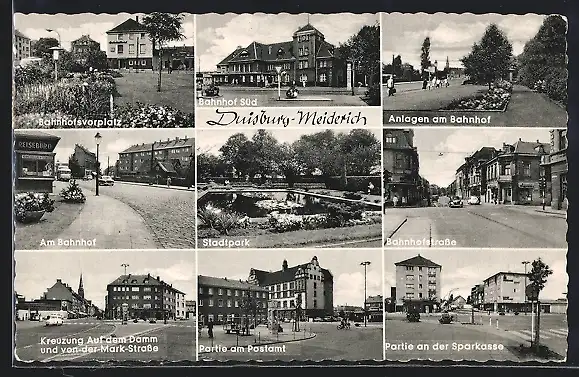 AK Duisburg-Meiderich, Bahnhof, Postamt und Sparkasse