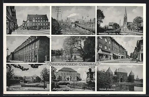 AK Oberhausen-Osterfeld, Bergstrasse mit Geschäften, Kettelerhaus, St. Marien-Hospital