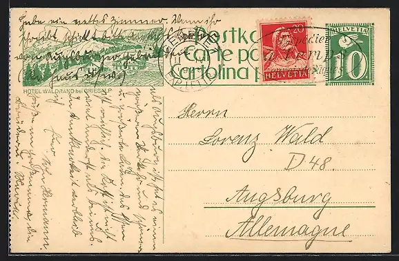AK Griesalp, Hotel Waldrand, Ganzsache 10 Rappen