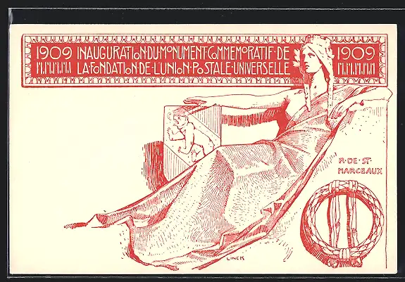 Künstler-AK Inauguration du Monument Commemoratif de la Fondation de l`Union Postale Universelle, Ganzsache 10 Rappen