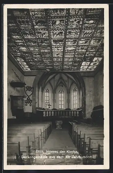 AK Zillis, Innenansicht der Kirche, Deckengemälde aus dem XII Jahrhundert