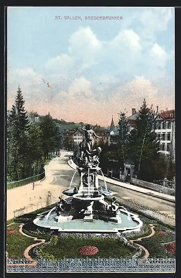 AK St. Gallen, Broderbrunnen und Strassenansicht