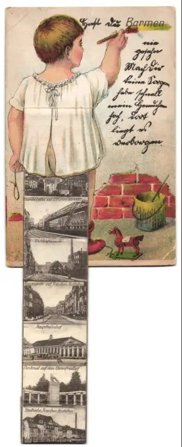 Leporello-AK Barmen, Ansichten unterm Hemdchen, Wichlinghauserstrasse, Schwebebahn, Meierei Fischertal