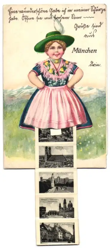 Leporello-AK München, Ansichten unterm Rock, Frauenkirche, Hofbräuhaus, Mahnmal