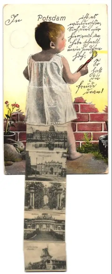 Leporello-AK Potsdam, Ansichten unterm Hemdchen, Historische Mühle, Brandenburger Tor am Louisenplatz