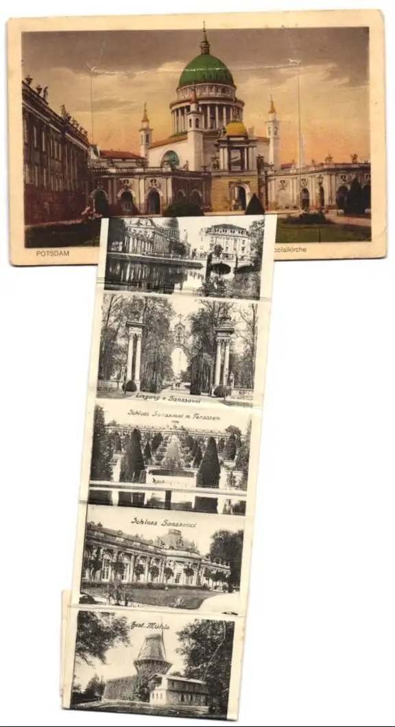 Leporello-AK Potsdam, Stadtschloss, Fortuna-Portal und Nicolaikirche, Palasthotel, Marmor-Palais