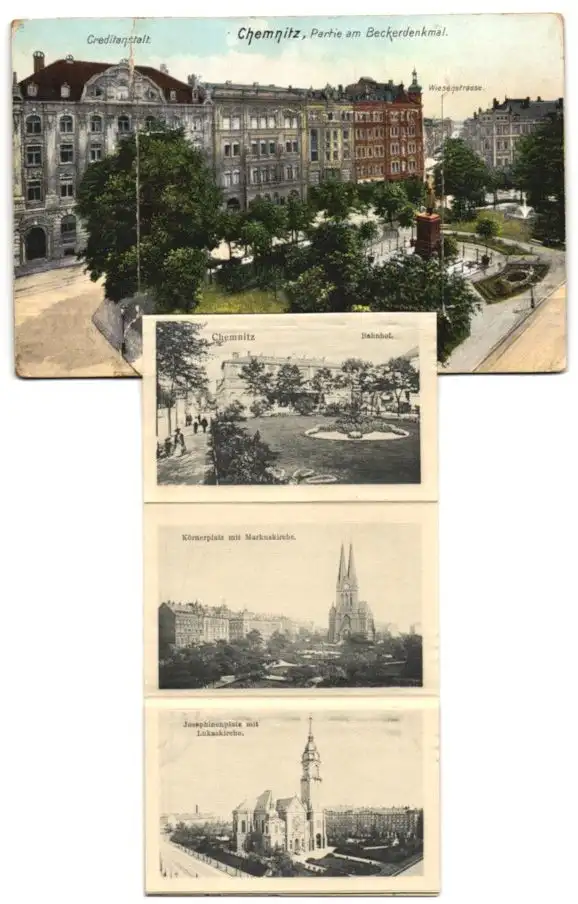 Leporello-AK Chemnitz, Beckerdenkmal mit Wiesenstrasse und Creditanstalt, Bahnhof, Neumarkt