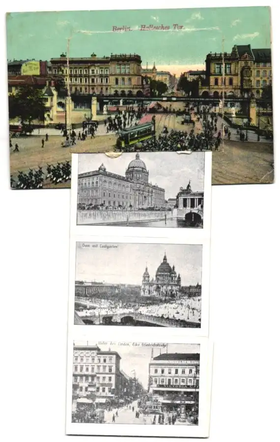Leporello-AK Berlin, Hallesches Tor, Dom mit Lustgarten, Reichstagsgebäude, Unter den Linden