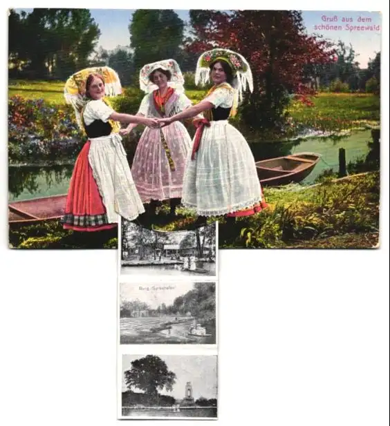 Leporello-AK Lübbenau /Spreewald, Frauen in Tracht, Abfahrtsstelle, Wotschofska, Gasthaus Pohlenz-Schänke