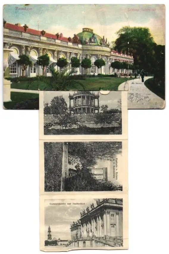 Leporello-AK Potsdam, Schloss Sanssouci, Marmor-Palais, Brandenburger Tor, Garnisonkirche und Stadtschloss