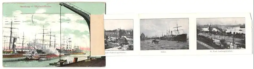 Leporello-AK Hamburg, Segelschiffhafen, Bismarck-Denkmal, Hauptbahnhof, Alster-Pavillon