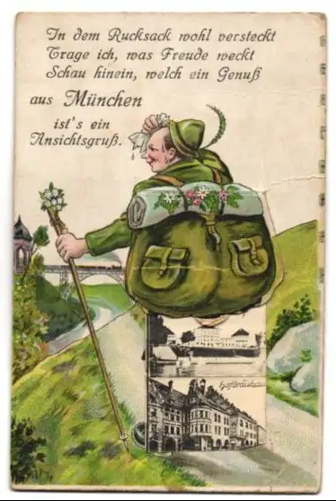 Leporello-AK München, Ansichten im Rucksack, Hofbräuhaus, Bavaria mit Ruhmeshalle, Nationalmuseum