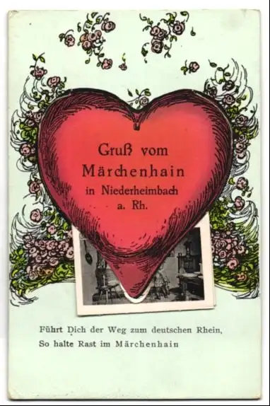 Leporello-AK Niederheimbach a. Rh., Märchenhain, Knusperhäuschen, Mutter-Denkmal, Schneewittchen