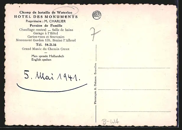 AK Waterloo, Hotel des Monuments