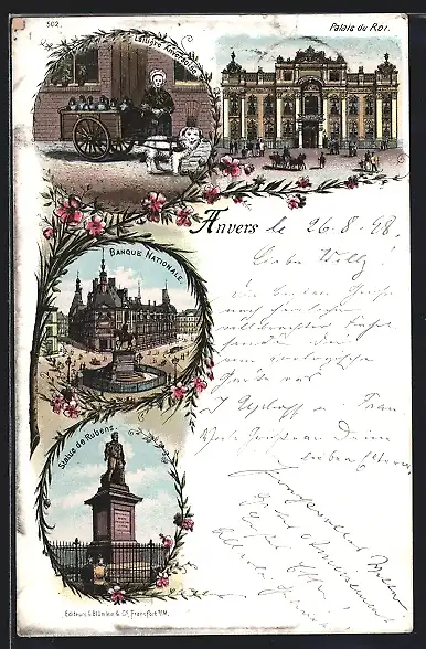 Lithographie Anvers, Banque Nationale, Palais du Roi, Statue de Rubens