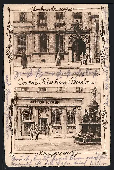 Künstler-AK Breslau, Geschäfte Conrad Kissling, Junkernstrasse 15-17 u. Königstrasse 7-9