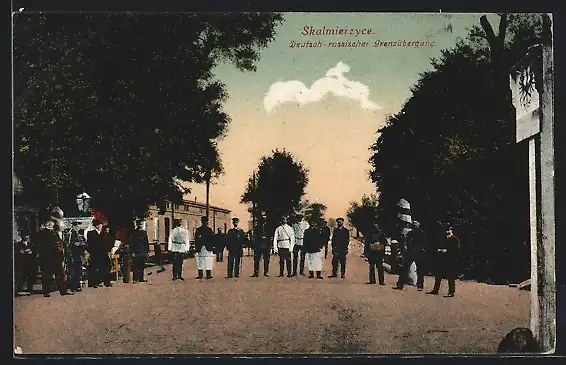 AK Skalmierzyce, Deutsch-russischer Grenzübergang mit Soldaten