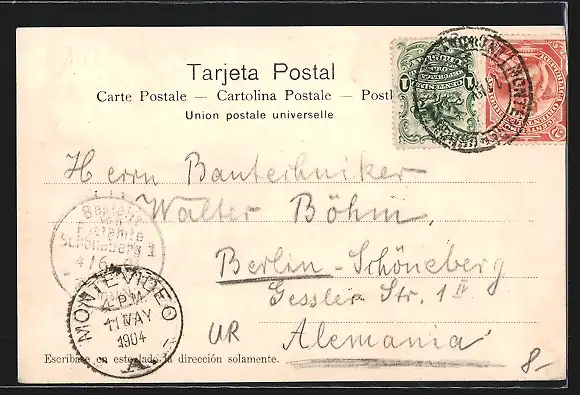 AK Montevideo, Calle 25 de Mayo con hombres y tiendas