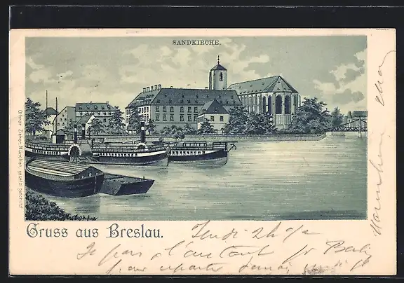 Lithographie Breslau, Sandkirche mit Booten