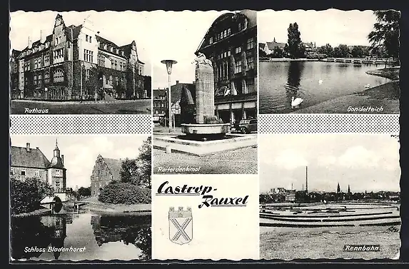 AK Castrop-Rauxel, Schloss Bladenhorst, Rennbahn, Rathaus, Reiterdenkmal