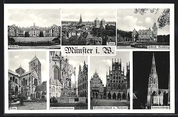 AK Münster i. W., Panorama, Schloss, Lambertikirche & Dom