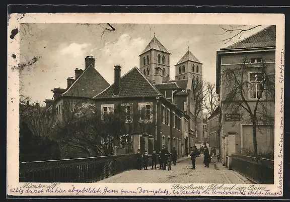 AK Münster i. W., Spiegelturm, Blick auf den Dom