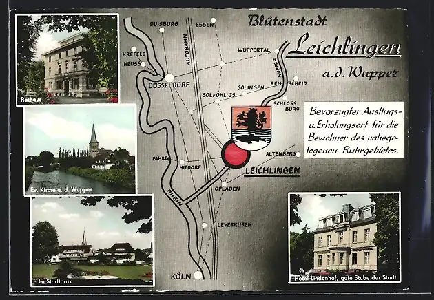 AK Leichlingen a. d. Wupper, Rathaus, Hotel Lindenhof, Landkarte