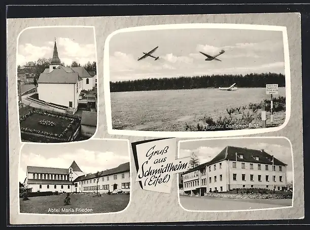 AK Schmidtheim / Eifel, Teilansicht, Abtei Maria Frieden, Flugplatz Dahlemer-Binz