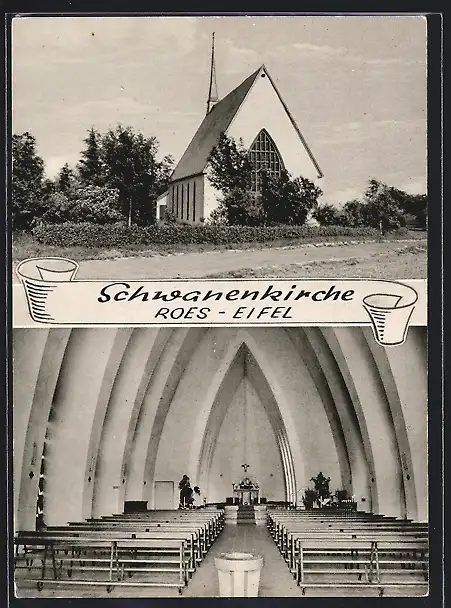 AK Roes, Schwanenkirche, Innen- und Aussenansicht