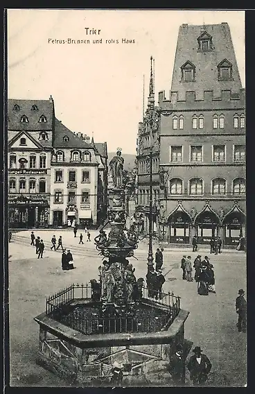 AK Trier, Petrus-Brunnen und rotes Haus