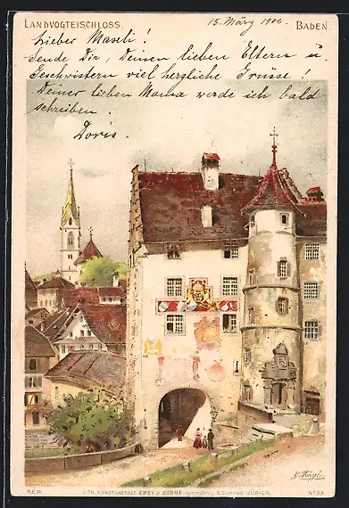 Künstler-AK Baden, Landvogteischloss mit Besuchern