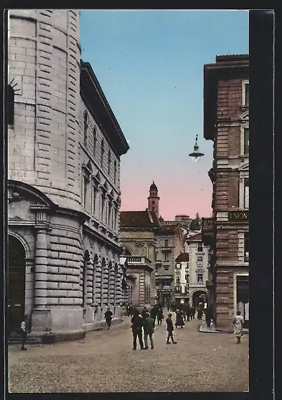 AK Lugano, Palazzo postale e via Peri, Strassenpartie