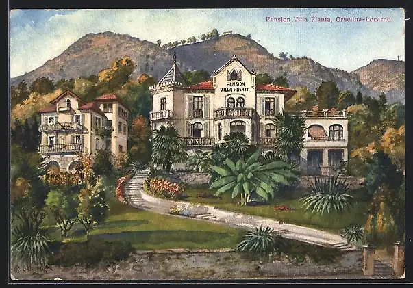 Künstler-AK Orselina-Locarno, Pension Villa Planta mit Garten, Bergpanorama