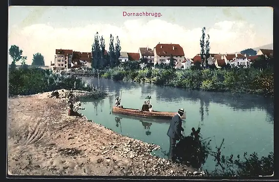 AK Dornachbrugg, Ortsansicht mit Bootspartie und Ufer