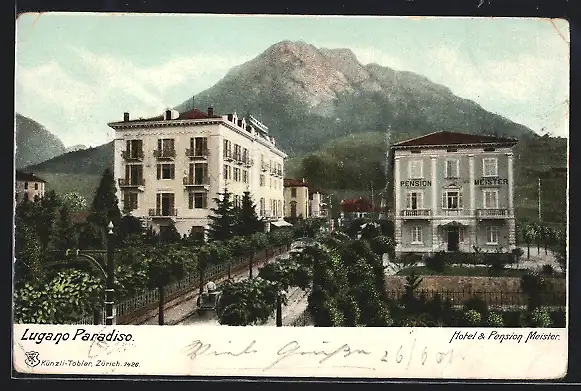 AK Lugano Paradiso, Hotel & Pension Meister mit Strasse und Nachbargebäude, Bergblick