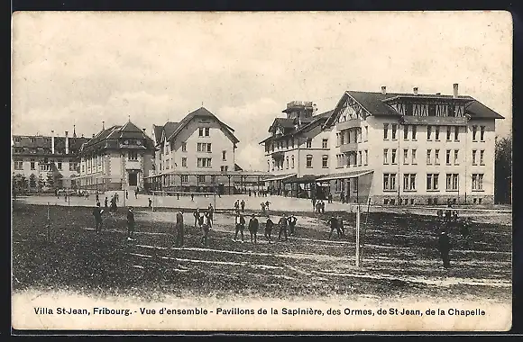 AK Fribourg, Villa St-Jean, Vue d`ensemble, Pavillons de la Sapinière, des Ormes, de St-Jean, de la Chapelle