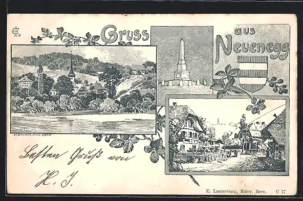 Lithographie Neuenegg, Denkmal, Strassenpartie mit Kirche, Ortsansicht, Wappen