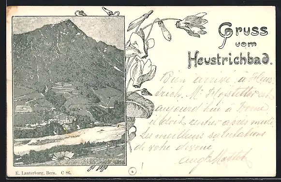 Lithographie Heustrichbad, Ortsansicht mit Fluss und Berggipfel