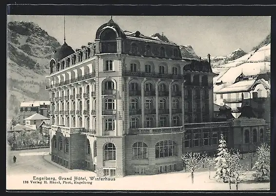 AK Engelberg, Grand Hotel, Winterhaus, mit Bergpanorama