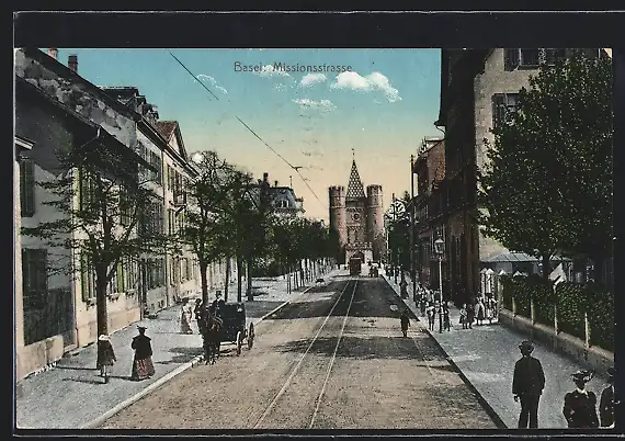 AK Basel, Missionsstrasse mit Turmgebäude, Kutsche