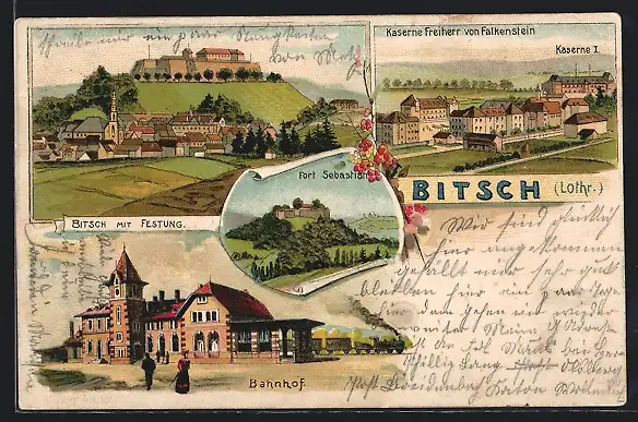 Lithographie Bitsch, Festung, Kaserne Freiherr von Falkenstein, Fort Sebastian