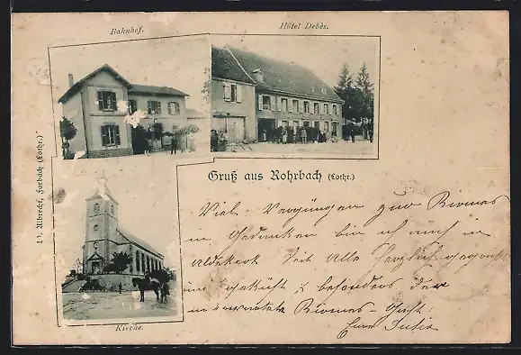 AK Rohrbach, Bahnhof, Hotel Debès, Kirche