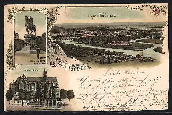 Lithographie Metz, Kaiser Wilhelm-Denkmal, Cathedrale, Ortspanorama