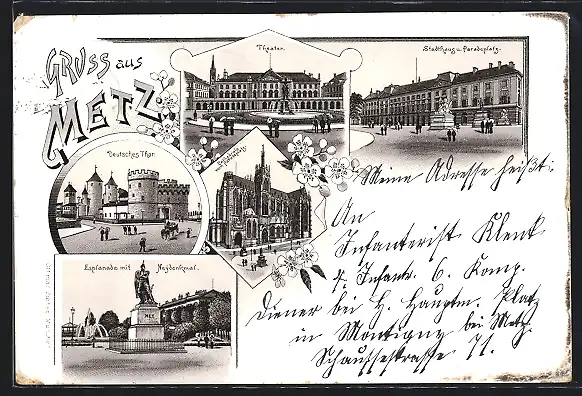 Lithographie Metz, Theater, Stadthaus u. Paradeplatz, Deutsches Tor, Esplanade mit Neydenkmal
