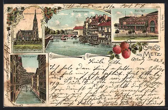 Lithographie Metz, Bahnhof, Gerbergraben, Felsenstrasse, Garnison-Kirche