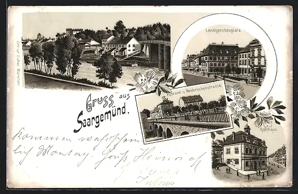 Lithographie Saargemünd, Postamt u. Neubrückenstrasse, Landgerichtsplatz, Rathaus