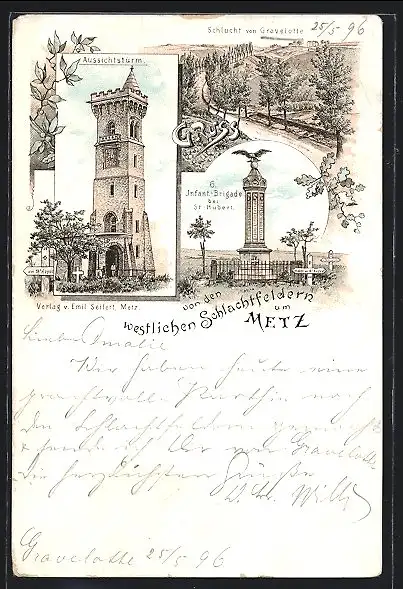 Lithographie Metz, Aussichtsturm, Schlucht von Gravelotte, Denkmal der 6. Infant.-Brigade bei St-Hubert