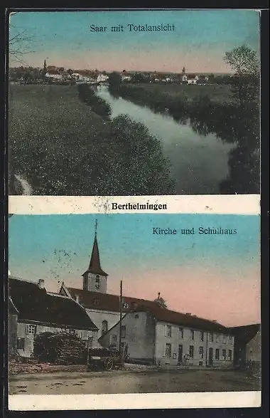 AK Berthelmingen, Kirche und Schulhaus, Totalansicht